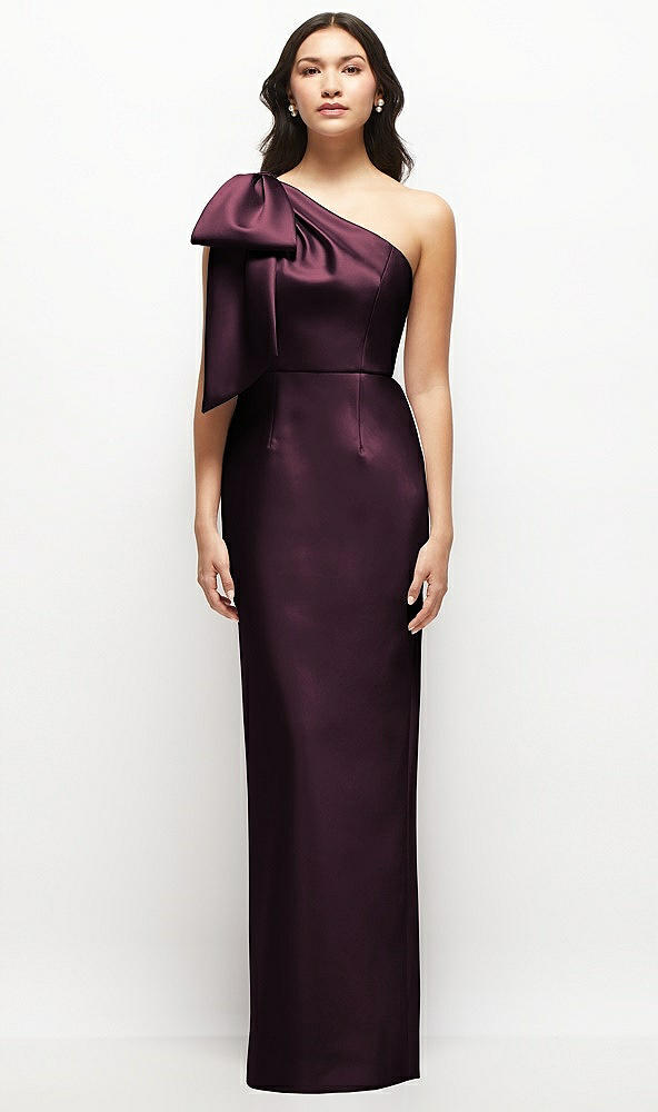Front View - Deep Plum Oversized Bow One-Shoulder Satin Column Maxi Dress
