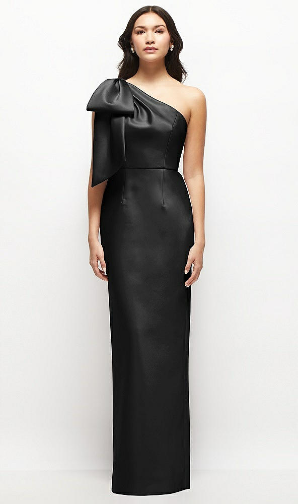 Front View - Black Oversized Bow One-Shoulder Satin Column Maxi Dress
