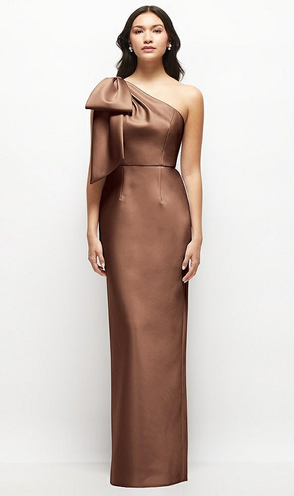 Front View - Cognac Oversized Bow One-Shoulder Satin Column Maxi Dress