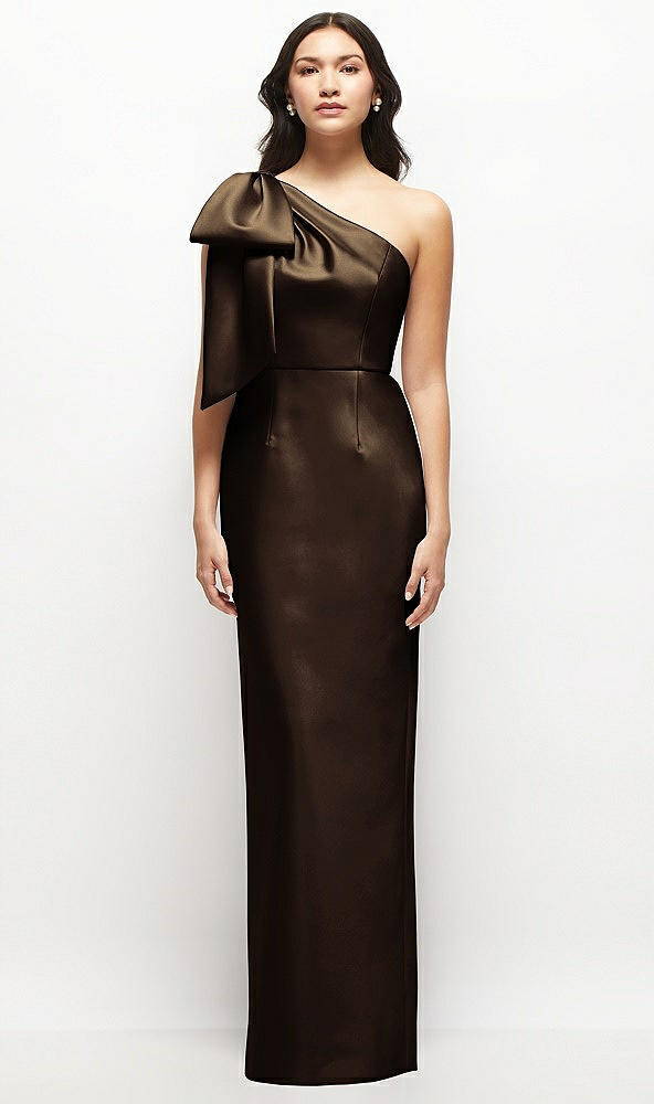 Front View - Espresso Oversized Bow One-Shoulder Satin Column Maxi Dress