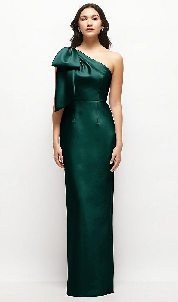 Front View - Evergreen Oversized Bow One-Shoulder Satin Column Maxi Dress
