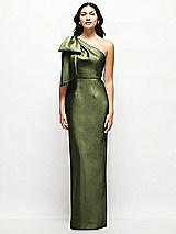 Front View Thumbnail - Olive Green Oversized Bow One-Shoulder Satin Column Maxi Dress