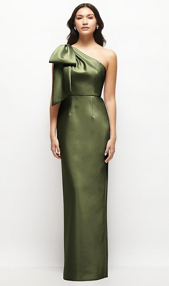 Front View - Olive Green Oversized Bow One-Shoulder Satin Column Maxi Dress
