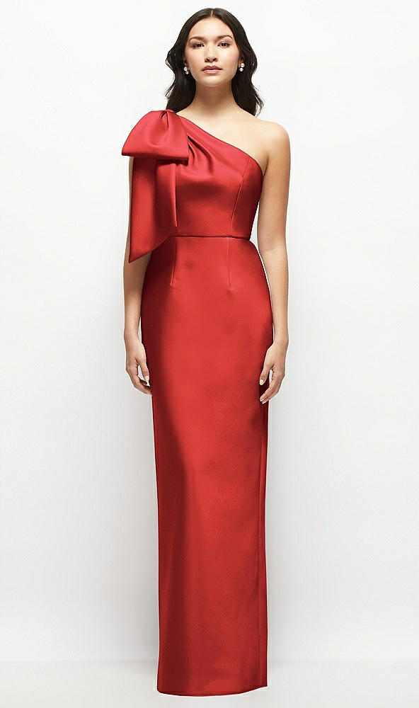 Front View - Poppy Red Oversized Bow One-Shoulder Satin Column Maxi Dress