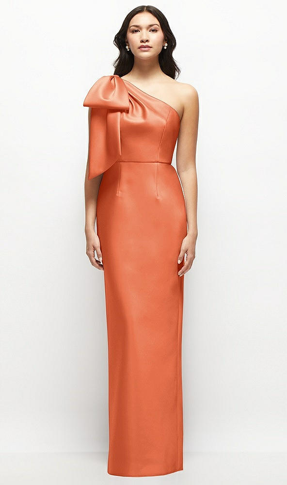 Front View - Portofino Orange Oversized Bow One-Shoulder Satin Column Maxi Dress