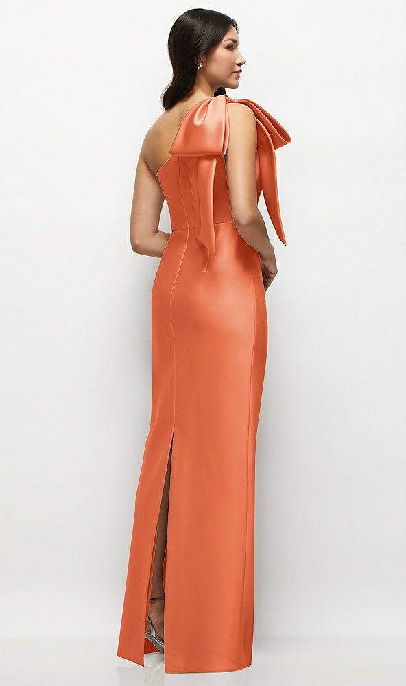 Back View - Portofino Orange Oversized Bow One-Shoulder Satin Column Maxi Dress