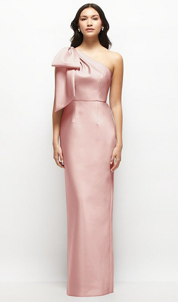 Front View - Rose Oversized Bow One-Shoulder Satin Column Maxi Dress