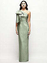 Front View Thumbnail - Sage Oversized Bow One-Shoulder Satin Column Maxi Dress
