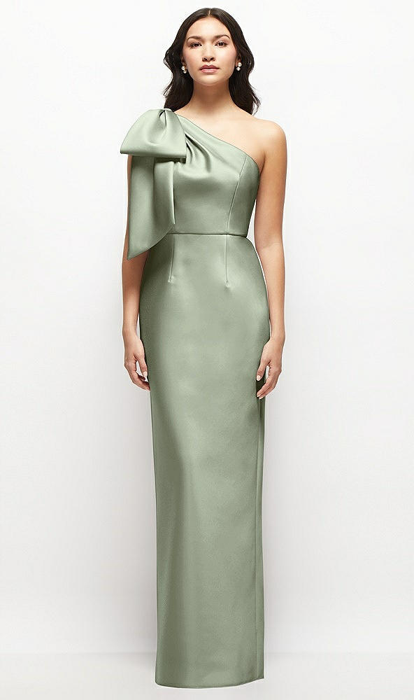 Front View - Sage Oversized Bow One-Shoulder Satin Column Maxi Dress