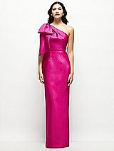 Front View Thumbnail - Think Pink Oversized Bow One-Shoulder Satin Column Maxi Dress