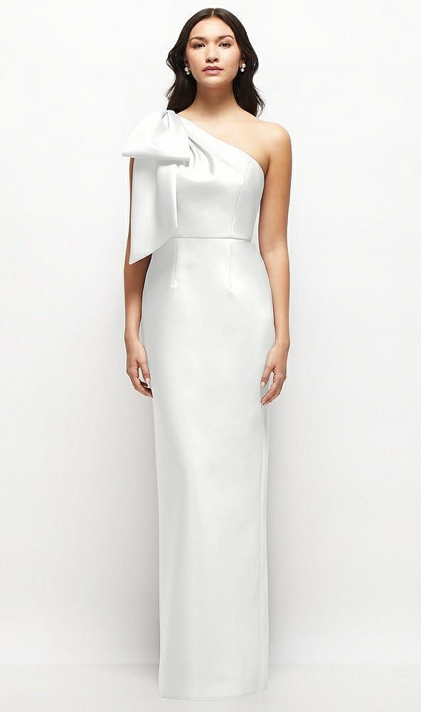 Front View - White Oversized Bow One-Shoulder Satin Column Maxi Dress