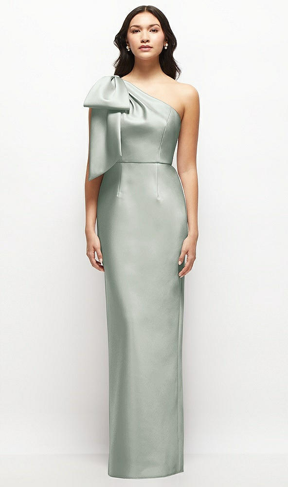 Front View - Willow Green Oversized Bow One-Shoulder Satin Column Maxi Dress