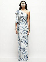 Front View Thumbnail - Cottage Rose Larkspur Oversized Bow One-Shoulder Floral Satin Column Maxi Dress
