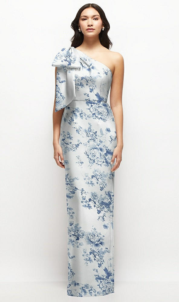 Front View - Cottage Rose Larkspur Oversized Bow One-Shoulder Floral Satin Column Maxi Dress