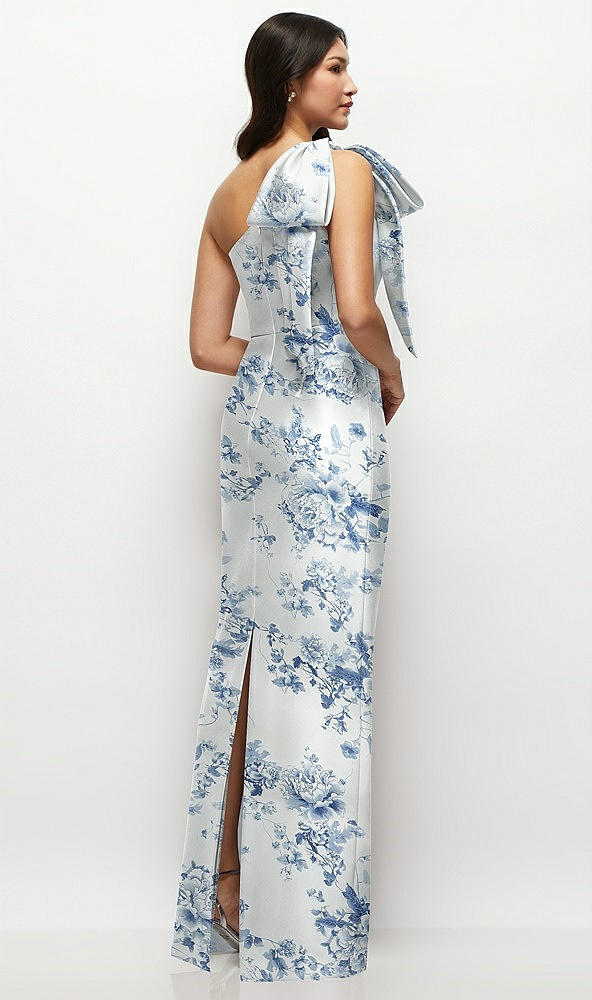 Back View - Cottage Rose Larkspur Oversized Bow One-Shoulder Floral Satin Column Maxi Dress
