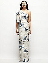 Front View Thumbnail - Inkwash Blue Floral Oversized Bow One-Shoulder Floral Satin Column Maxi Dress