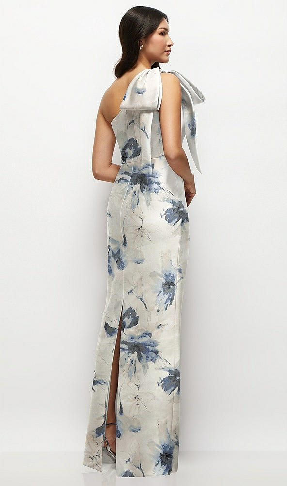 Back View - Inkwash Blue Floral Oversized Bow One-Shoulder Floral Satin Column Maxi Dress