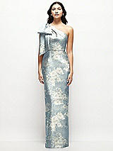 Front View Thumbnail - Porcelain Blue Seraphina Floral Oversized Bow One-Shoulder Floral Satin Column Maxi Dress
