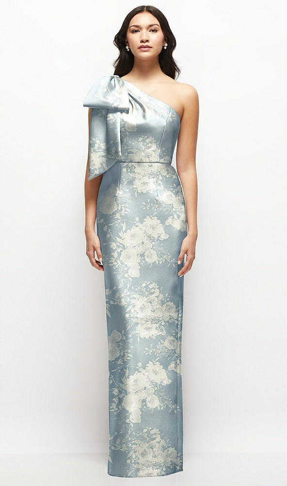 Front View - Porcelain Blue Seraphina Floral Oversized Bow One-Shoulder Floral Satin Column Maxi Dress