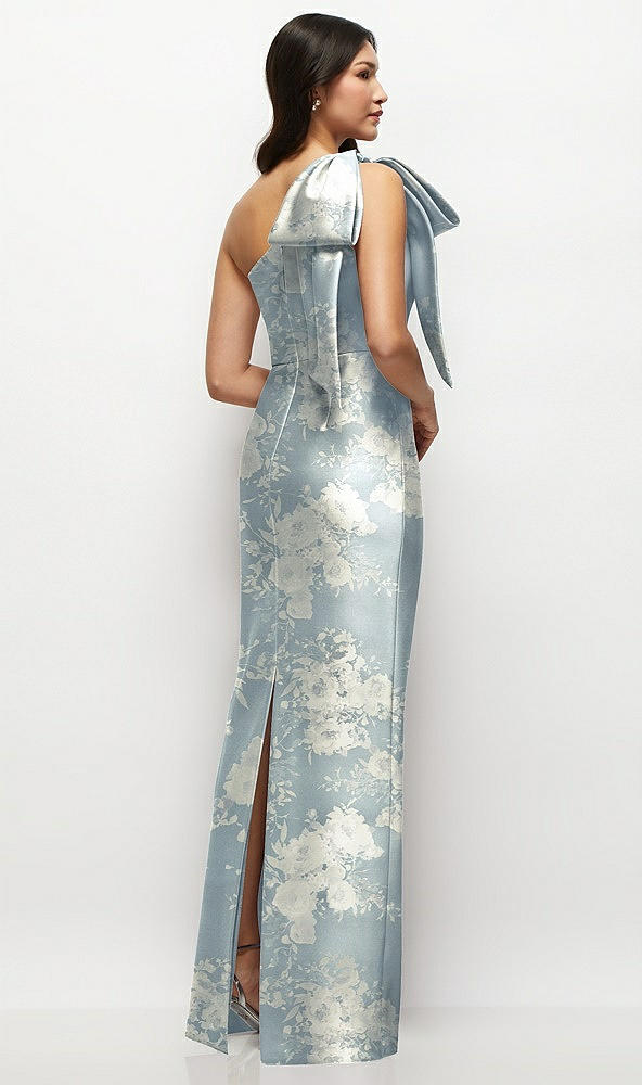 Back View - Porcelain Blue Seraphina Floral Oversized Bow One-Shoulder Floral Satin Column Maxi Dress