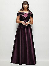 Alt View 1 Thumbnail - Deep Plum Asymmetrical Bow Off-Shoulder Satin Gown with Ballroom Skirt