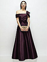 Front View Thumbnail - Deep Plum Asymmetrical Bow Off-Shoulder Satin Gown with Ballroom Skirt