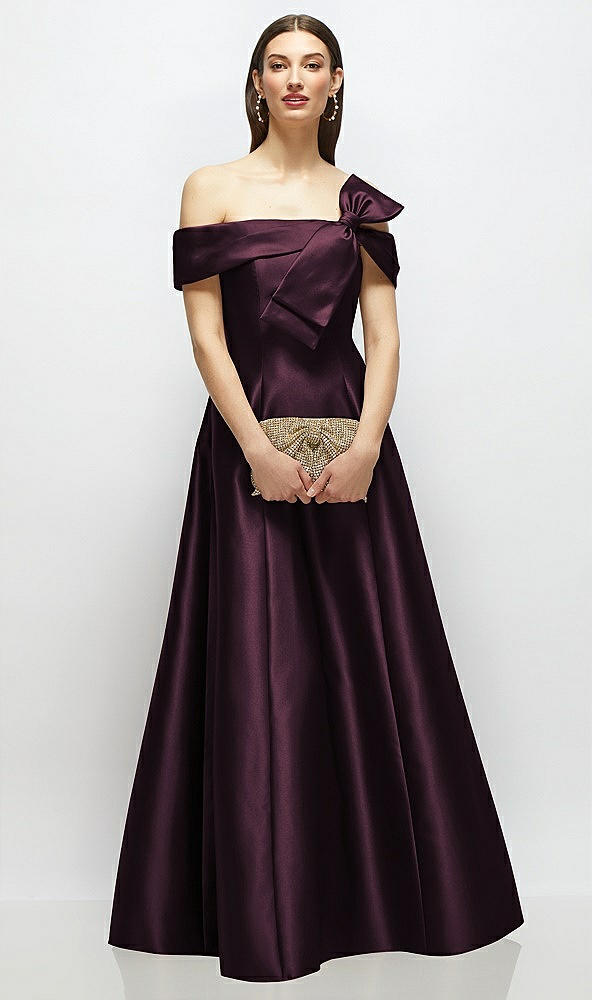 Front View - Deep Plum Asymmetrical Bow Off-Shoulder Satin Gown with Ballroom Skirt