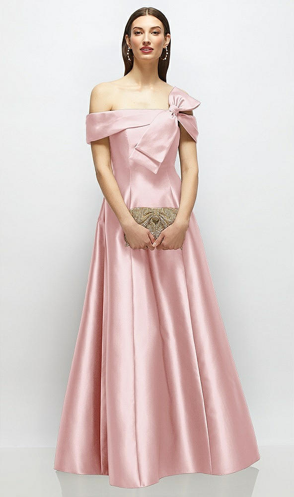 Front View - Ballet Pink Asymmetrical Bow Off-Shoulder Satin Gown with Ballroom Skirt