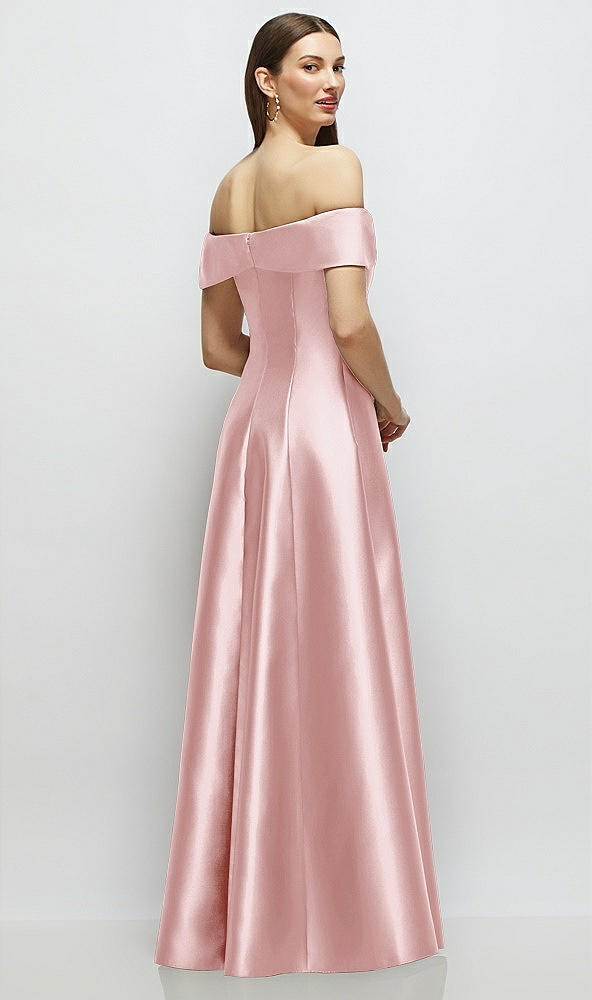 Back View - Ballet Pink Asymmetrical Bow Off-Shoulder Satin Gown with Ballroom Skirt