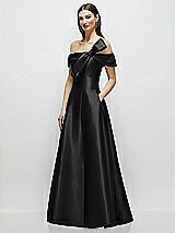 Side View Thumbnail - Black Asymmetrical Bow Off-Shoulder Satin Gown with Ballroom Skirt