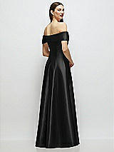 Rear View Thumbnail - Black Asymmetrical Bow Off-Shoulder Satin Gown with Ballroom Skirt