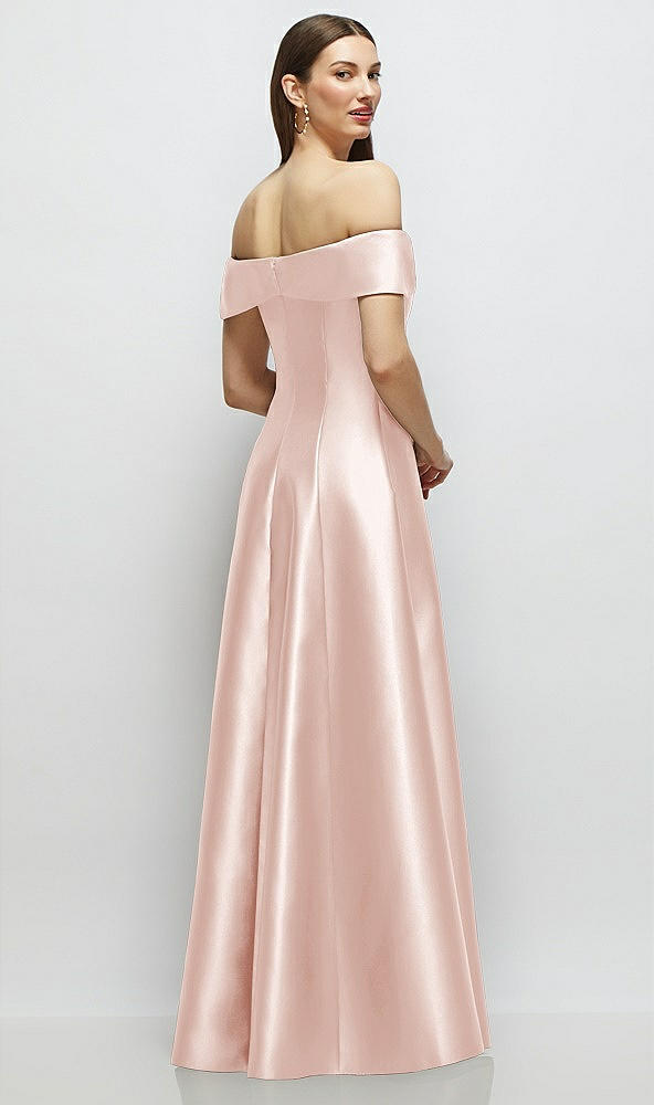 Back View - Blush Asymmetrical Bow Off-Shoulder Satin Gown with Ballroom Skirt
