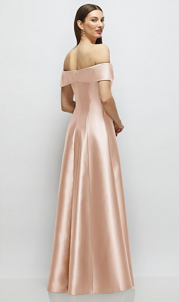 Back View - Cameo Asymmetrical Bow Off-Shoulder Satin Gown with Ballroom Skirt