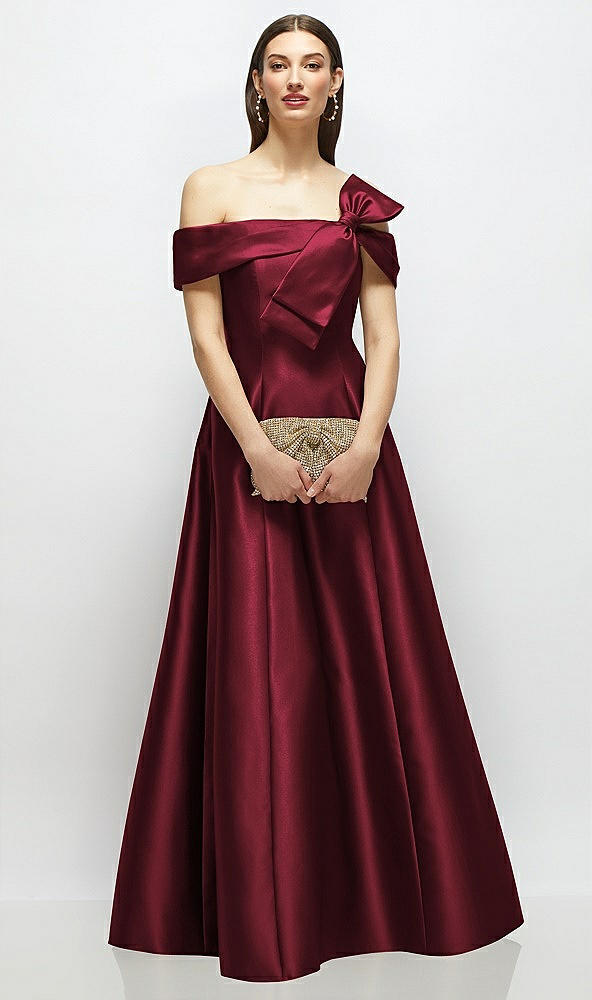 Front View - Cabernet Asymmetrical Bow Off-Shoulder Satin Gown with Ballroom Skirt