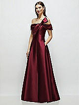 Side View Thumbnail - Cabernet Asymmetrical Bow Off-Shoulder Satin Gown with Ballroom Skirt