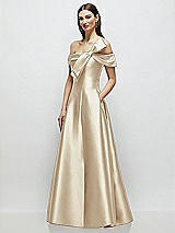 Side View Thumbnail - Champagne Asymmetrical Bow Off-Shoulder Satin Gown with Ballroom Skirt