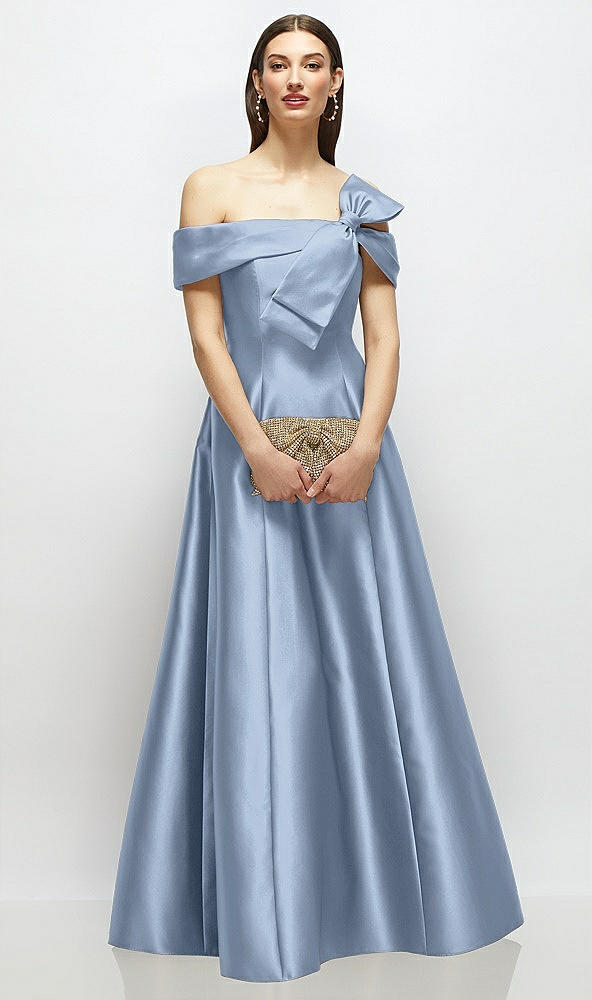 Front View - Cloudy Asymmetrical Bow Off-Shoulder Satin Gown with Ballroom Skirt