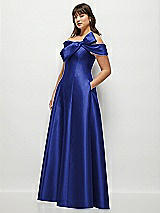 Alt View 3 Thumbnail - Cobalt Blue Asymmetrical Bow Off-Shoulder Satin Gown with Ballroom Skirt