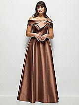 Alt View 1 Thumbnail - Cognac Asymmetrical Bow Off-Shoulder Satin Gown with Ballroom Skirt