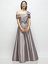 Front View Thumbnail - Cashmere Gray Asymmetrical Bow Off-Shoulder Satin Gown with Ballroom Skirt