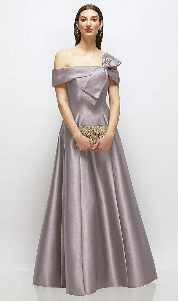 Front View - Cashmere Gray Asymmetrical Bow Off-Shoulder Satin Gown with Ballroom Skirt