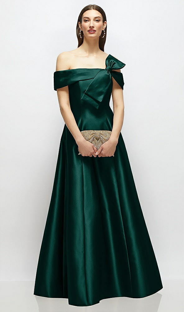 Front View - Evergreen Asymmetrical Bow Off-Shoulder Satin Gown with Ballroom Skirt