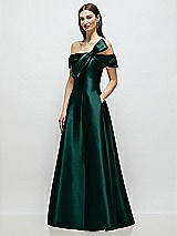 Side View Thumbnail - Evergreen Asymmetrical Bow Off-Shoulder Satin Gown with Ballroom Skirt