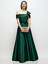 Front View Thumbnail - Hunter Green Asymmetrical Bow Off-Shoulder Satin Gown with Ballroom Skirt