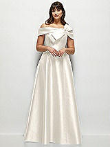 Alt View 1 Thumbnail - Ivory Asymmetrical Bow Off-Shoulder Satin Gown with Ballroom Skirt