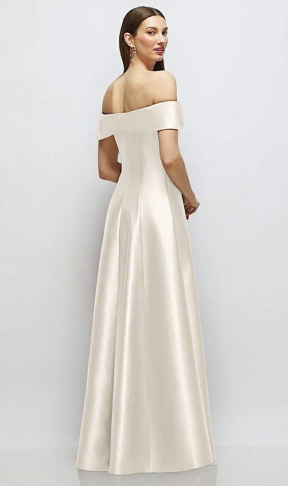 Back View - Ivory Asymmetrical Bow Off-Shoulder Satin Gown with Ballroom Skirt