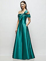 Side View Thumbnail - Jade Asymmetrical Bow Off-Shoulder Satin Gown with Ballroom Skirt