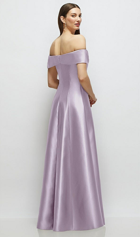 Back View - Lilac Haze Asymmetrical Bow Off-Shoulder Satin Gown with Ballroom Skirt