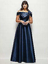 Alt View 1 Thumbnail - Midnight Navy Asymmetrical Bow Off-Shoulder Satin Gown with Ballroom Skirt