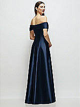Rear View Thumbnail - Midnight Navy Asymmetrical Bow Off-Shoulder Satin Gown with Ballroom Skirt